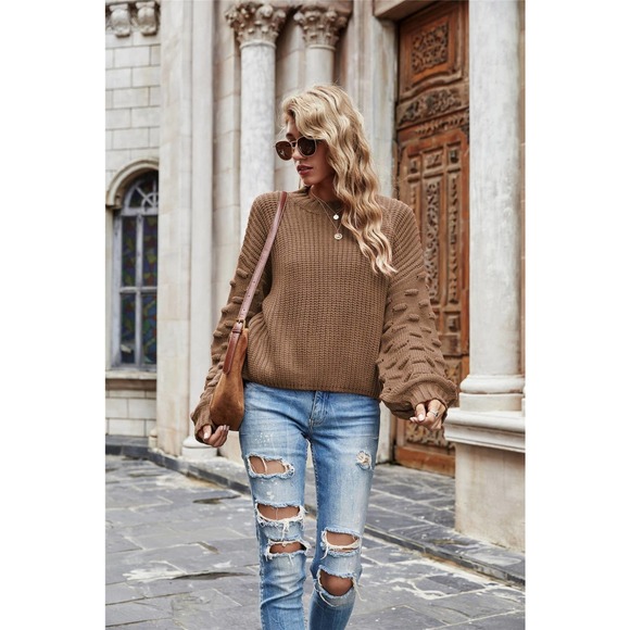 Lantern Long-Sleeved Knitted Pullover Cable Knit Sweater - Picture 12 of 12